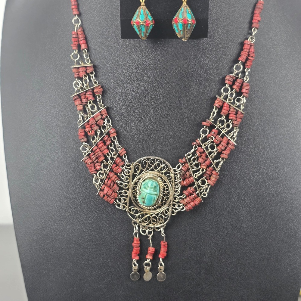 Vintage Egyptian Revival Faux Turquoise Scarab Necklace & Red Coral Earrings Set